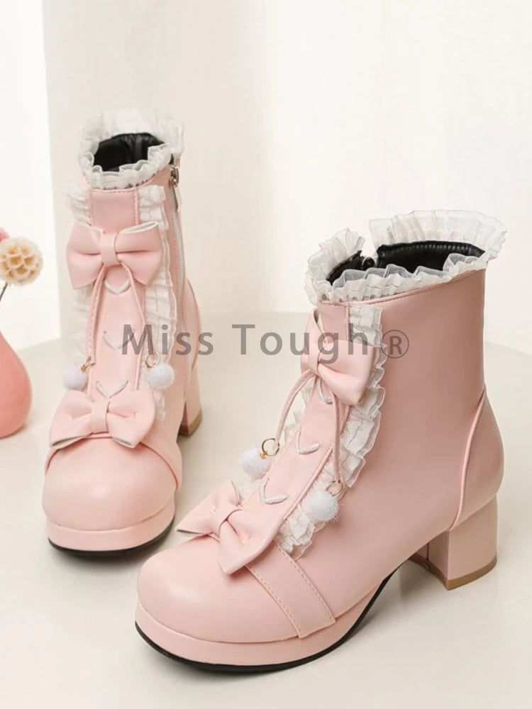 LBSFY  -  Autumn Sweet Pink New Lolita Boots Women Japanes Style High Heels Ankle Boots Female Kawai Lace Bow Design Lace-up Martens Shoes