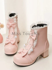 LBSFY  -  Autumn Sweet Pink New Lolita Boots Women Japanes Style High Heels Ankle Boots Female Kawai Lace Bow Design Lace-up Martens Shoes