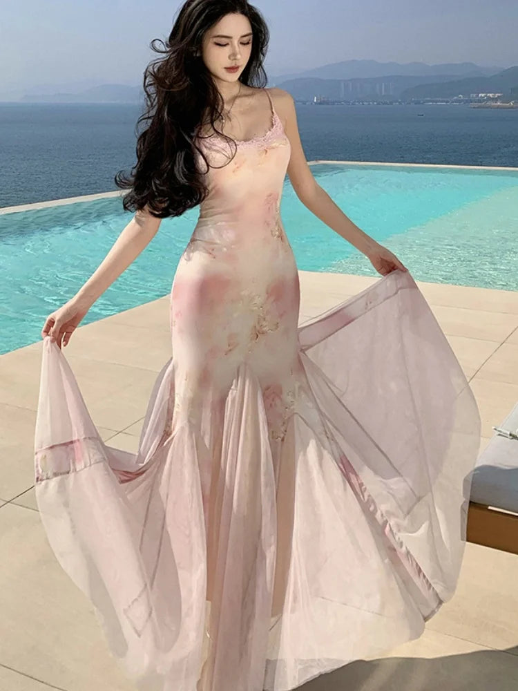 LBSFY -Elegant Print Long Dresses for Women Sexy Spaghetti Strap Bodycon Birthday Party Mermaid Dress Summer Slim Waist Vestidos Robe