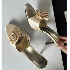 LBSFY -Summer Fashion Flower Woman Slippers Thin Low Heels Party Stripper Ladies Mules Slides Zapatos Mujer