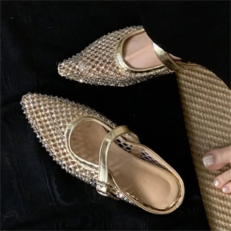 LBSFY -Mesh Hollow Out Buckle Strap Mules Slippers Women Elegant Fashion Pointed Toe Square Low Heels Shoes