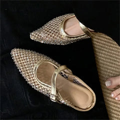 LBSFY -Mesh Hollow Out Buckle Strap Mules Slippers Women Elegant Fashion Pointed Toe Square Low Heels Shoes