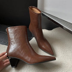 LBSFY  -  Fashion Short Boots Women's New High Quality Genuine Leather Pointed Head Cone Heel Boots Commuter Calf Ankle Boots