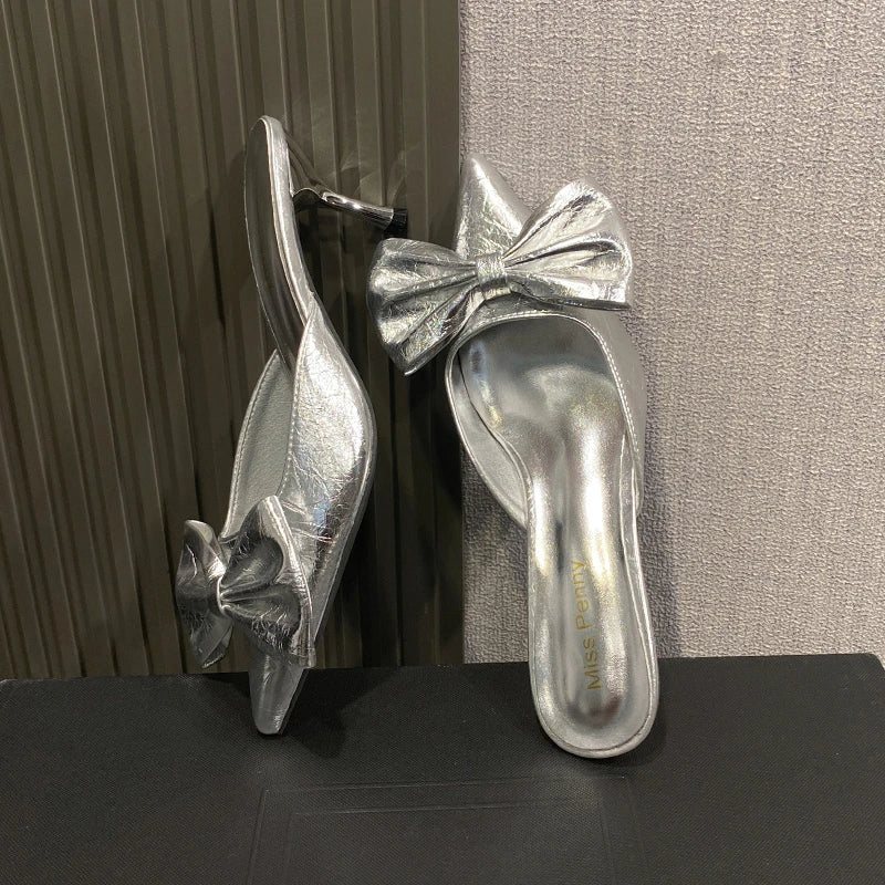 LBSFY -New Bow Women Mules Shoes Pointed Toe High Heels Slippers New Party Sandals Luxury Sexy Woman Brand Party Pumps Zapatos