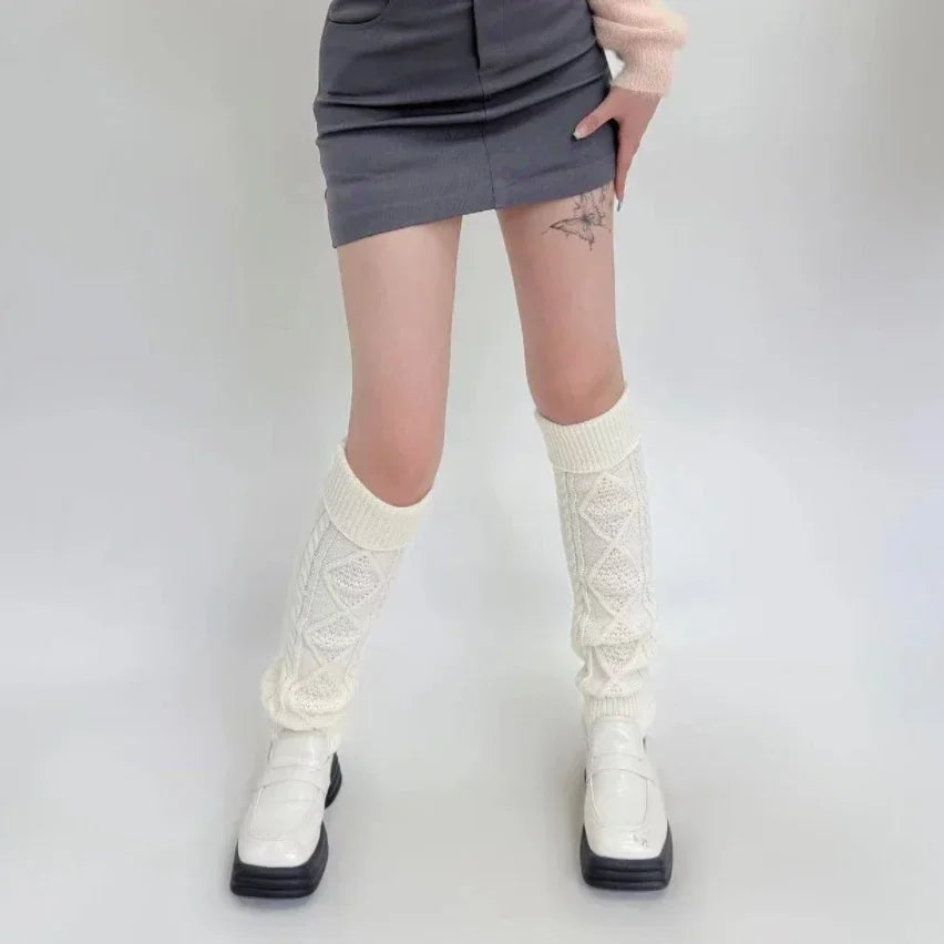 Lbsfy Women Thickened Knitted Leg Covers Vintage Winter Warm Calf Socks Cashmere Y2K Harajuku Japanese JK Mid Tube Socks Leg Warmers