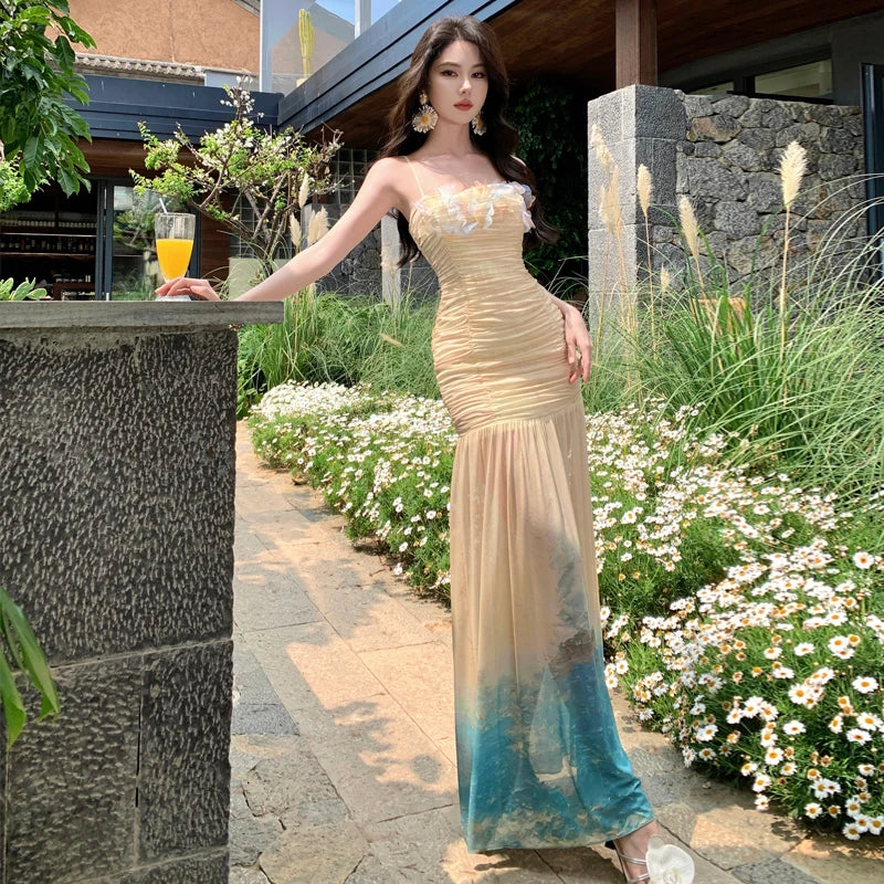 LBSFY -Women's Sexy Floral Bodycon Mesh Mermaid Dresses Elegant Gradient Print Pleated Slim Halter Dress Summer Beach Vacation Outfits