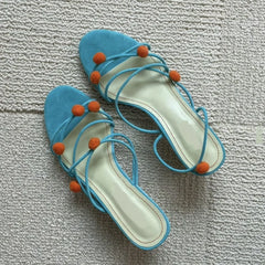 LBSFY -Women Cute Small Ball Strap High-heeled Slippers Summer Open Toe Casual Sandals New Narrow Band Sexy Hollow Slippers