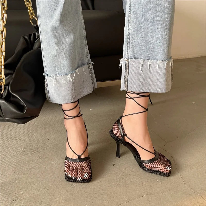 LBSFY  -  Ankle strap bandage sandals Woman summer 2024 square toe hollow out mesh pumps Lace up cross tied elegant high heels shoes trend