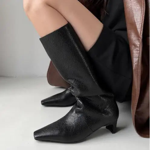 LBSFY  -  New Women Dark Green Black Crocodile Patterned Leather Pointed Square Toe 45 mm Kitten Heel Tube Slip On Knee High Boots Shoes