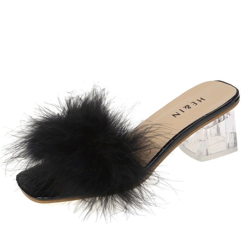 LBSFY -Fashion Slippers Women's Summer New Open Toe Plush Fox Fur Chunky with Flip Flops Sexy Home Banquet Square Toe Simple Pumps