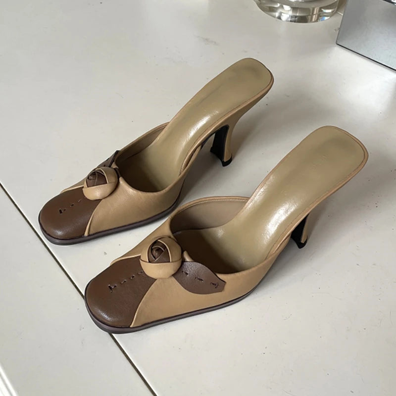 LBSFY  -  Brown Square Toe Flower High Heels Ankle Strap Sandals Ladies Summer Slippers Mixed Colors Mules Shoes For Women Dress Pumps