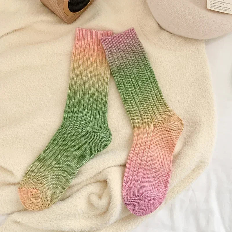 Lbsfy Wool Winter Thick Warm Long Socks Gradient Wool Cashmere Kawaii Socks Women Thermal Floor Sleeping Socks New Year Gift Autumn