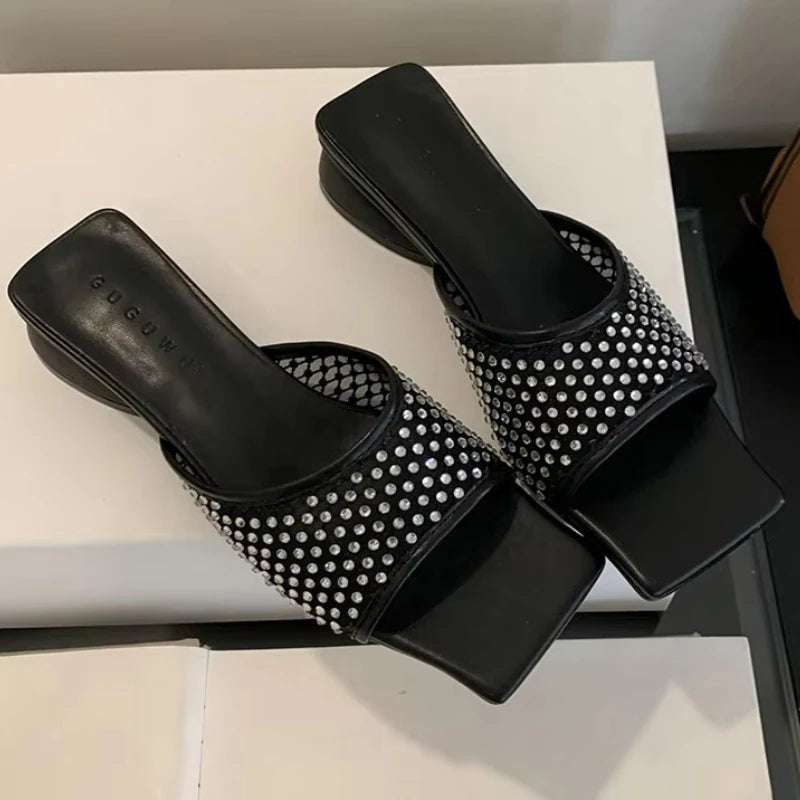 Lbsfy Summer NEW Mesh Breathable Slippers Women Rhinestone Square Toe Slides Female Footwear Fashion Sandals Ladies Zapatos De Mujer