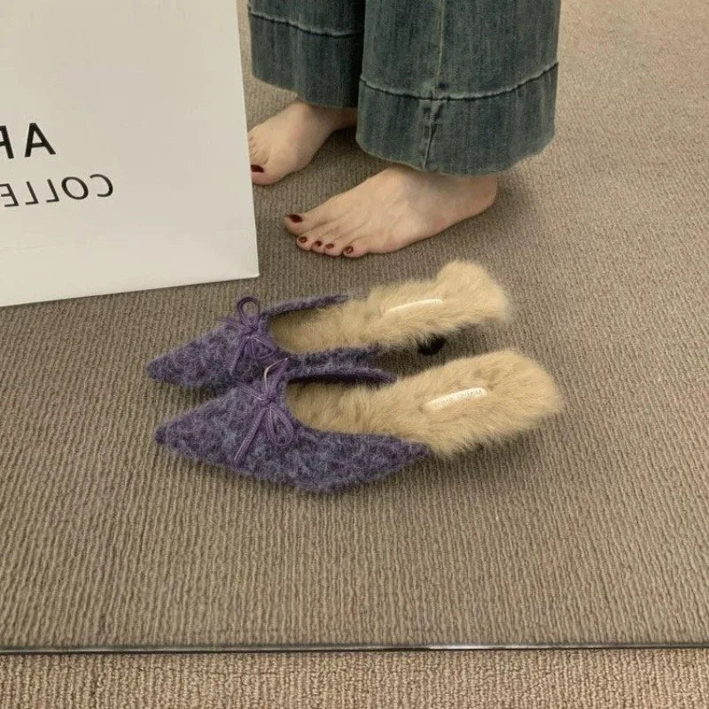 LBSFY -New High Heel Plush Slides Woman Fashion Elegant Pointed Toe Lamb Hair Slippers Ladies Luxury Plush Evening Party Pump Shoes
