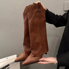 LBSFY -Woman Cowgirl Boots Fashion Slip on Ladies Elegant Square Heel Long Pipe Boots Shoes Retro Women's Winter Footwear