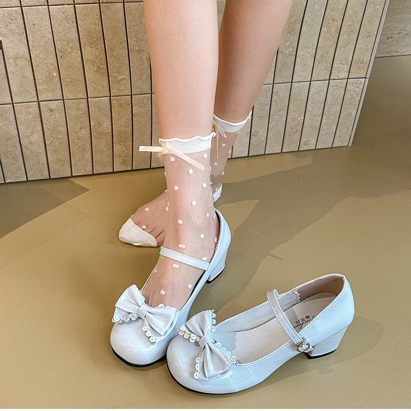 LBSFY -Cute Butterfly-knot Women Lolita Mary Jane Shoes Concise Thick Heel Leather Shoes Ladies Shallow Pumps