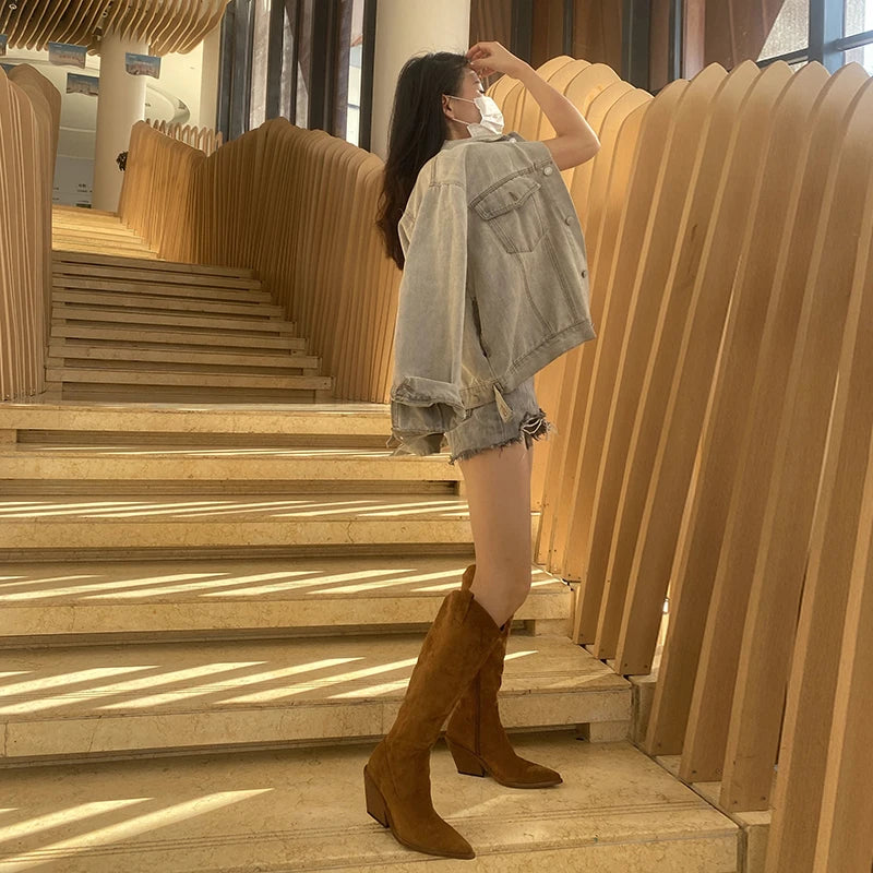 LBSFY  -  New Suede Pointed Toe Cowboy Knee-High Boots Women Side Zipper Knight Boots High Heels Women Western Boots Women Botines Mujer
