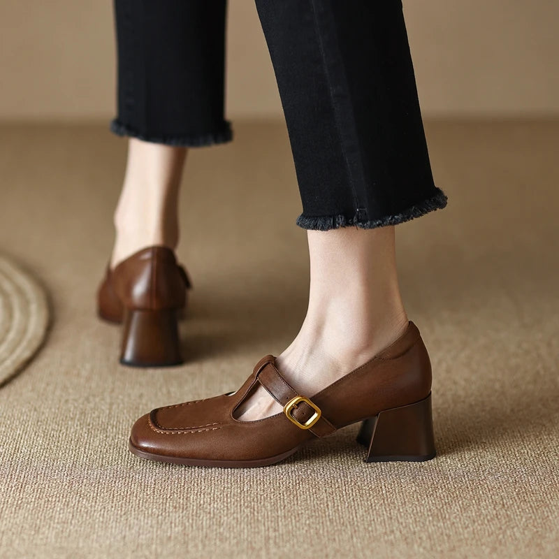 LBSFY  -  NEW Spring Women Pumps Genuine Leather Shoes for Women Square Toe Chunky Heel Shoes Retro High Heel Mary Janes Retro Brown Shoes