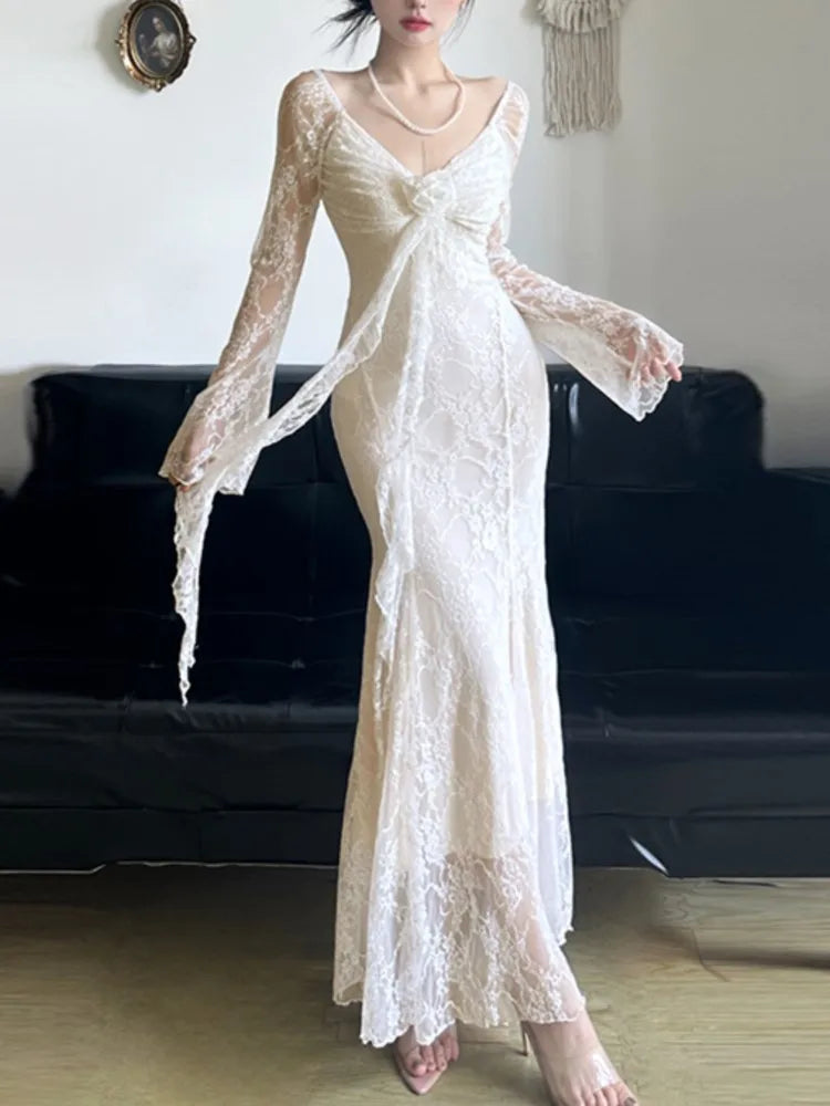 LBSFY -Party Mesh Elegant Women's Mermaid Dresses French Sexy Slim Fit Long Sleeveless Floral Tassel Dress 2025 New Chic Evening Robe