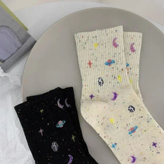 Lbsfy Funny Moon Stars Pattern Socks Women Harajuku Planet Space Tube Sock Female Colorful Sweet Warm Cute Casual Streetwear Meias