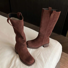 LBSFY  -  Cow Suede Knee High Boots Women Slip On Square Mid Heels Thick Fur Warm Winter Boots Handmade Retro Shoes