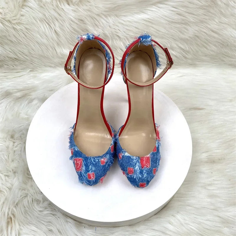 LBSFY  -  Sexy Designer Thin High Heels Women Round Toe Denim Striptease Party Banquet Shoes Height 12cm Hollow Luxury Brand Sandals Women