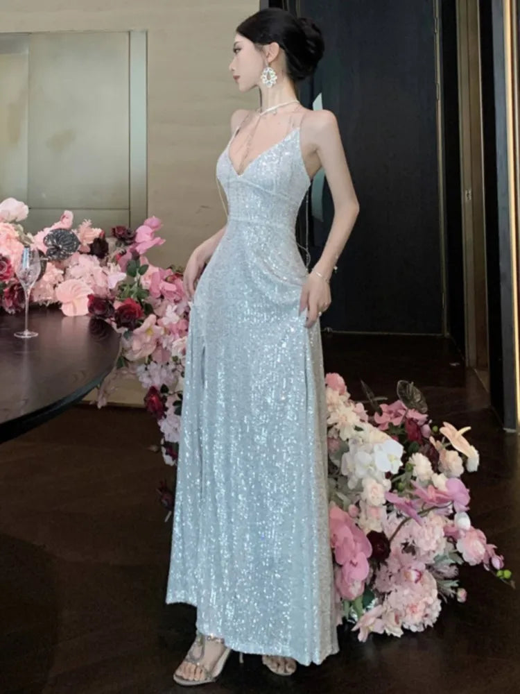 LBSFY -Elegant Backless V-Neck Split Party Dress Sexy Slim Luxury Gown Evening Dresses Fashion Robe Birthday Party Autumn Spring New