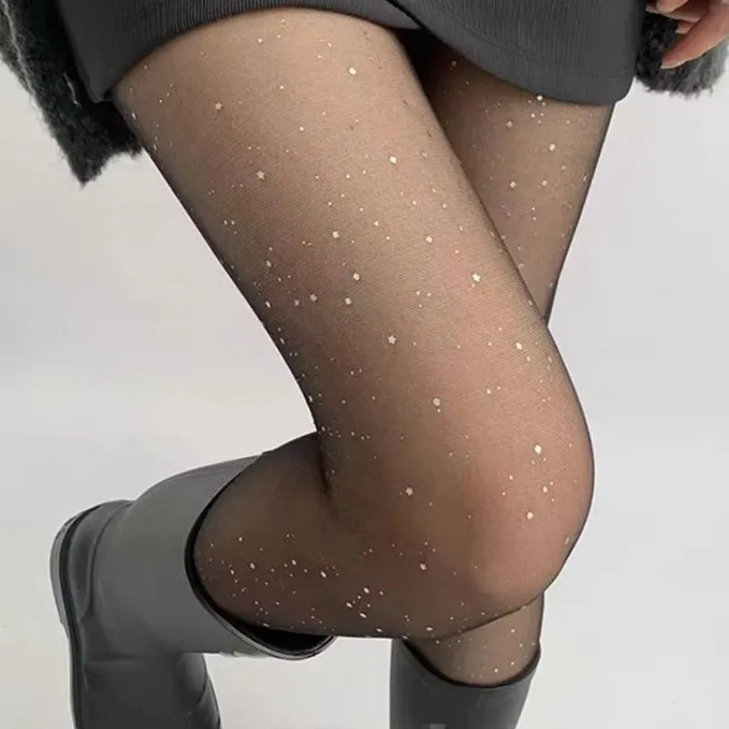 Lbsfy Vintage Women Sexy Thin Sparkling Sequin Silky Pantyhose Elastic Black Sexy Anti-Snag Night Club Tights Seamless Stockings