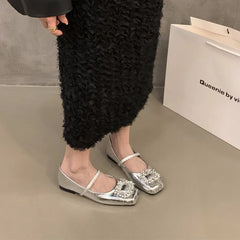 LBSFY -Patent leather women's shoes 2025 summer new fashion buckle retro square head low-heeled shoes comfortable red ballet shoes