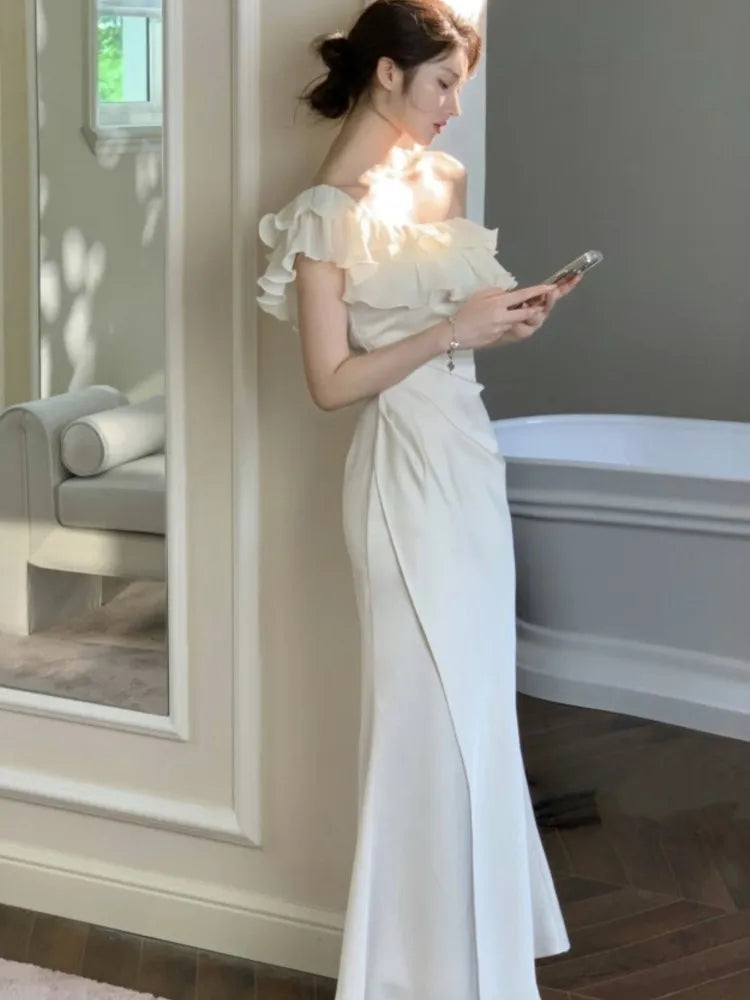 LBSFY -Elegant Party Chic Satin Mermaid Dress For Woman Ruffles Slash-Neck Slim Fit Patchwork Solid Dresses Evening Prom Female Clothes