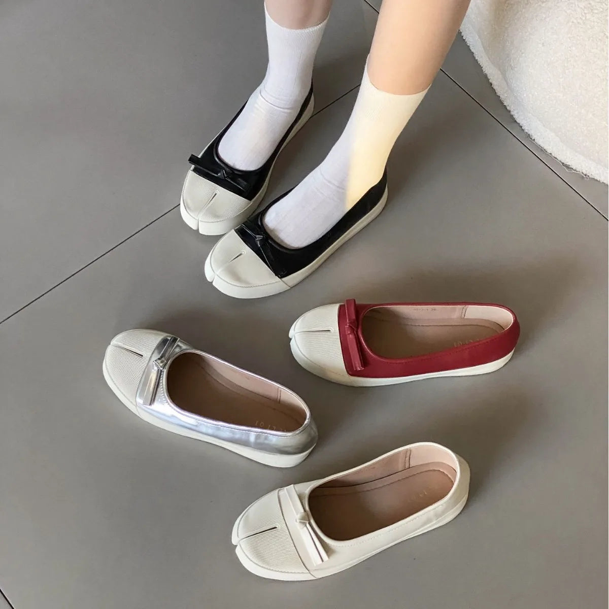 LBSFY  -   Split Toe Shoes Women Black Leather Flats Ballet 2024 New Fashion Bow Red Mary Janes
