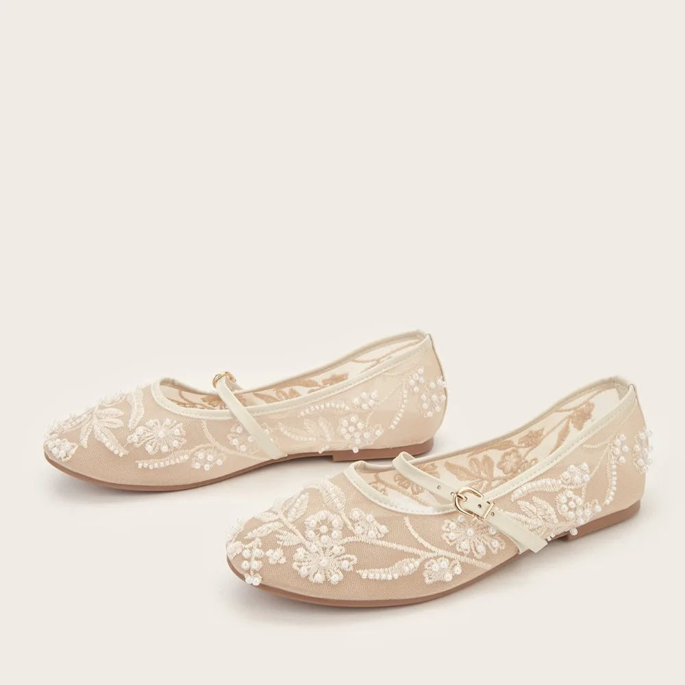 LBSFY -Embroidery String Bead Mesh Ballet Flats Women Fashion White Pearl Mary Jane Shoes Light Summer Flats Elegant Cozy Flat Sandals