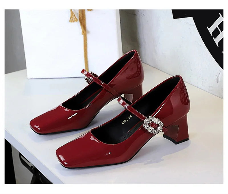LBSFY -Banquet Mary Jane Women Single Shoes Square Toe Light Mouth Patent Leather One-Striped Rhinestone Buckle Thick Heel Medium Heel