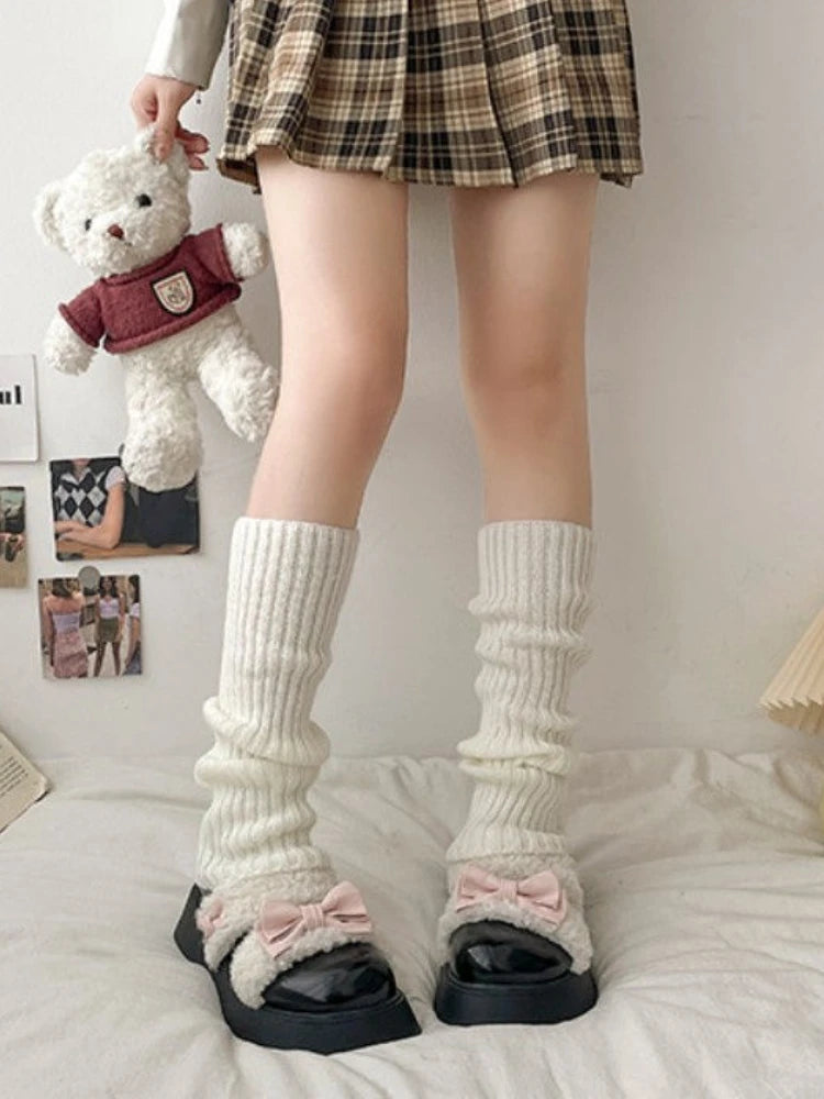 LBSFY  -  Japanese Kawaii Sweet Shoes Women Warm College Style Bow Cute Lolita Shoes Female Pure Color Hook Chic Plush Shoes Winter 2024