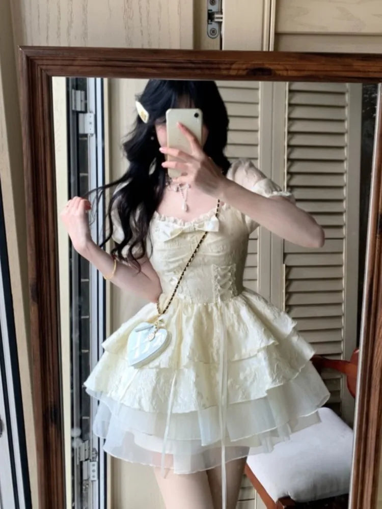 LBSFY -Kroean Y2K Yellow Preppy Style Cake Dress Puff Sleeves Mesh Ball Gown Ruffles Mini Woman Dresses Abend Kleider Spring Summer New