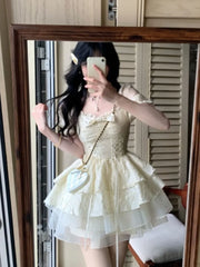 LBSFY -Kroean Y2K Yellow Preppy Style Cake Dress Puff Sleeves Mesh Ball Gown Ruffles Mini Woman Dresses Abend Kleider Spring Summer New