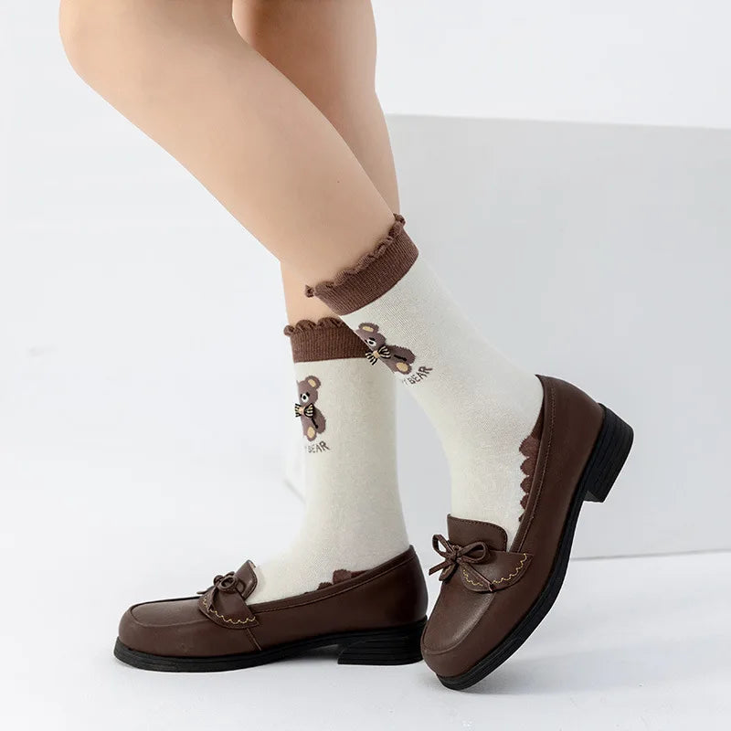 Lbsfy Ruffled Socks Women's Mid-tube Striped Dot Socks Spring Autumn Cotton Japanese Style Cute Kawaii Cartoon Bear Ladies Sports Soks