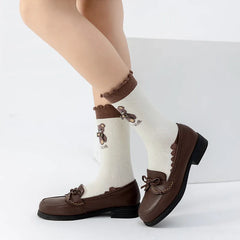 Lbsfy Ruffled Socks Women's Mid-tube Striped Dot Socks Spring Autumn Cotton Japanese Style Cute Kawaii Cartoon Bear Ladies Sports Soks