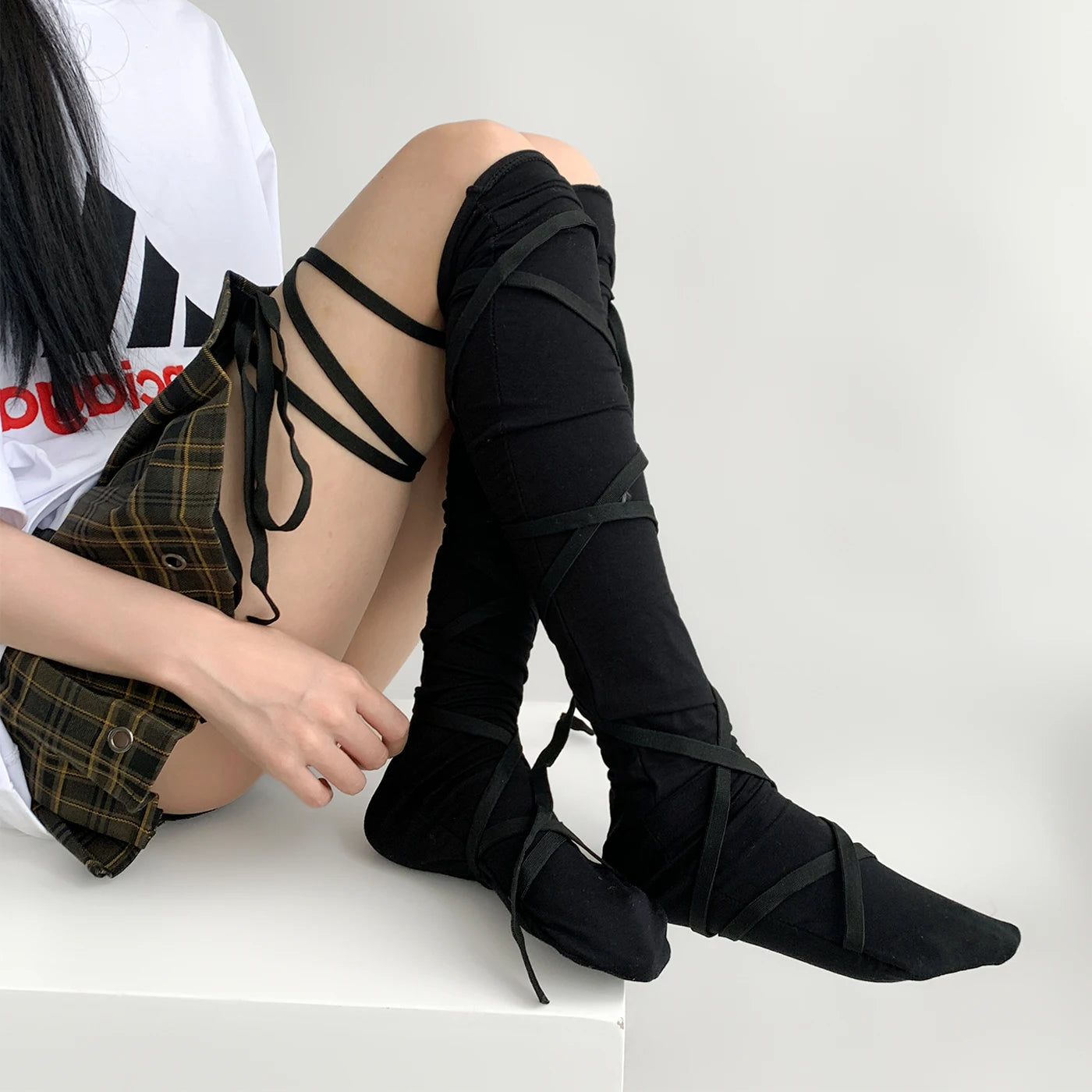 Lbsfy Punk Women Calf Tie Leg Cover socks Ballet Strappy Calf Socks Thin Stocking Y2K Lolita Gothic Japanese JK Club Cosplay Socks