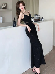 LBSFY -Sexy Evening Dresses Sleeveless V-Neck Spaghetti Straps Casual Women's Dress Elegant Gowns Split Slim Prom Black Vestidos Robe