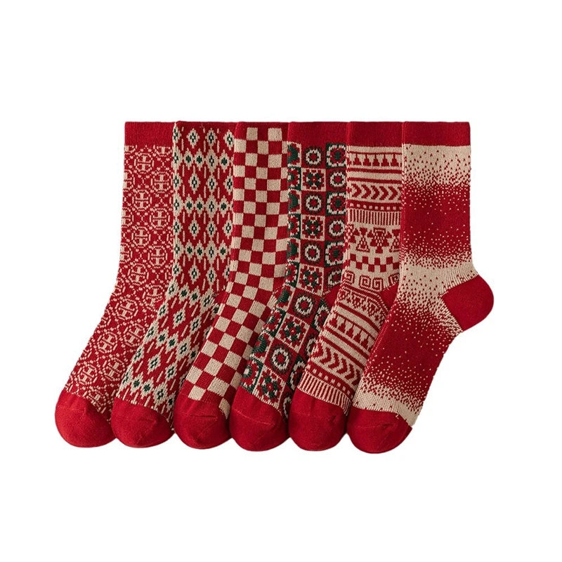 Lbsfy 6 Pairs Happy New Year Socks for Women Combed Cotton Fashion Red Christams Sock Sets Female Winter and Spring Double Needle Sock