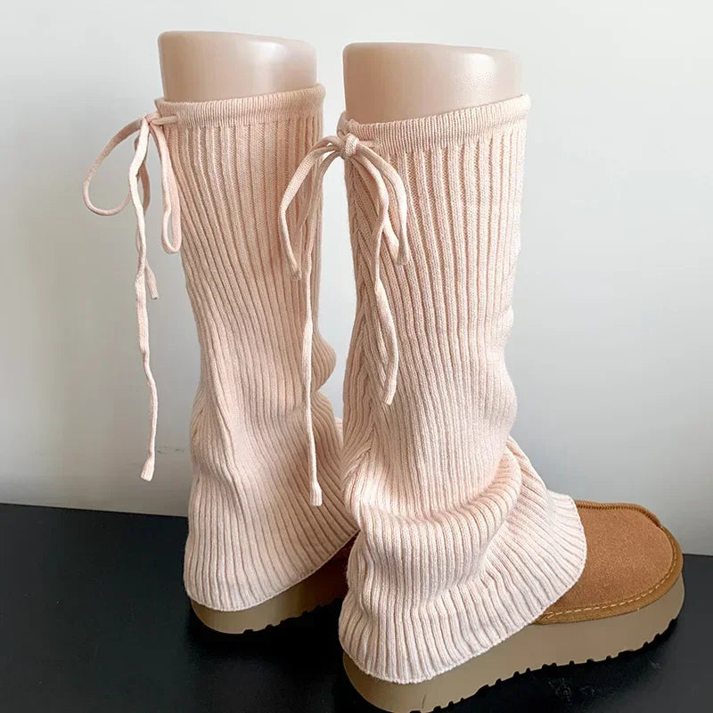 Lbsfy Sweet Ballet Strappy Wide Leg Socks Knitted Strappy Stockings Winter Warm Jk Leggings Y2K Bow Pile Socks Korea Women Calf Socks