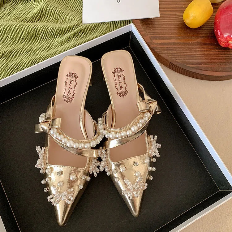 LBSFY  -  2024 Pearl Pink Ballet High Heels Pointed 5cm Slim Heel Skirt Outdoor Banquet Slippers 34-40 Bow Summer Birthday Party Sandals