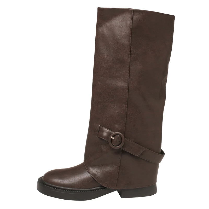 LBSFY  -  HOT Genuine Leather Boots Women Buckle Slip On Knee High Boots Brown Black Fashion Modern Botas Ladies Shoes