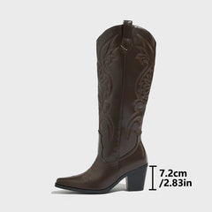 LBSFY -Western Boot Retro Embroidery Round Pointed Top Thick Heel V-shaped Wide Cuff Thick Bottom Long Boots Women's Chunky Heels Boots