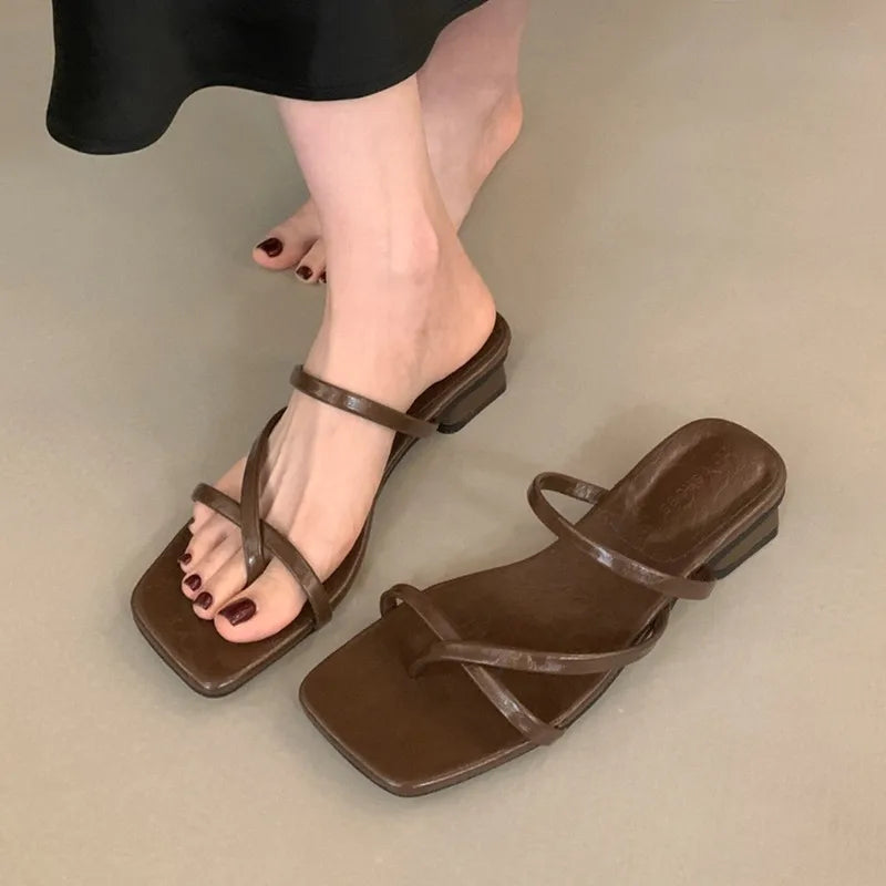 LBSFY -Summer Square Low Heel Women Slipper Fashion Narrow Band Ladies Sandal Outdoor Beach Casual Slides Shoes Mujer