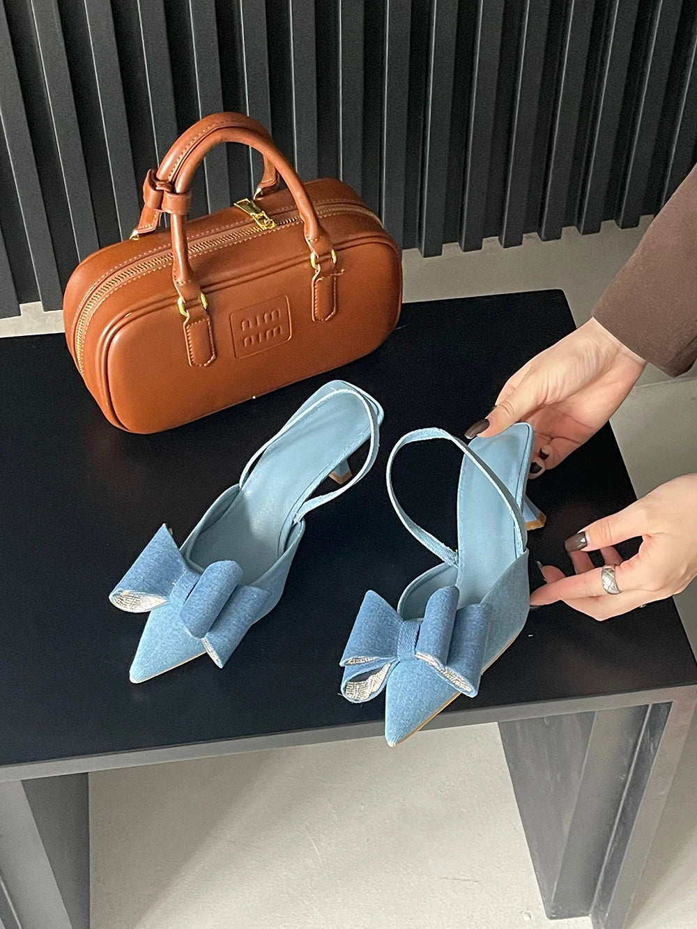 LBSFY  - Pointed Toe Women Sandals Bow Design 2024 New Arrivals Party Pumps Thin Mid Heels Back Strap Denim Cloth Sandals Elastic Strap