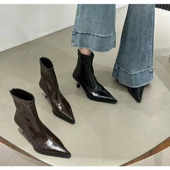 LBSFY -Women's Sexy Pointed Toe Ankle Boots Vintage Autumn New Fashion High Heels Patent Leather Skinny Boots Women Brown Short Booties