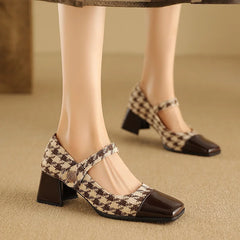 LBSFY  -   2024 New Women Retro Houndstooth Mary Janes Pumps Patent Leather Buckle Strap Block Thick Heeled Shoes Ladies Dress Spring 33-48