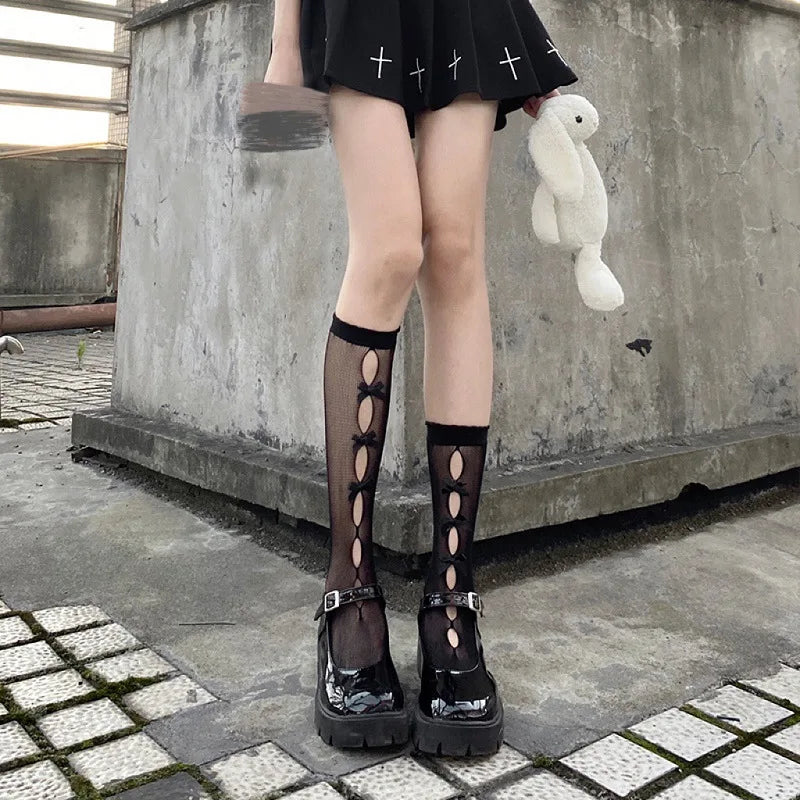 Lbsfy Stockings Woman Summer Bowknot Hollow Cute Lolita Socks Medium Length Black/White Stockings Women Lingerie